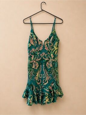 NWT Selfie Leslie Marbella Sequin Ruffle Mini Dress Green Size M